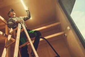 A parent installing a sliding safety cover on a low wall electrical outlet while a toddler looks on.